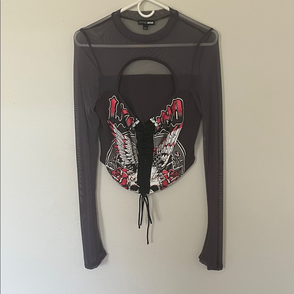 Graphic corset top with mesh sleeves